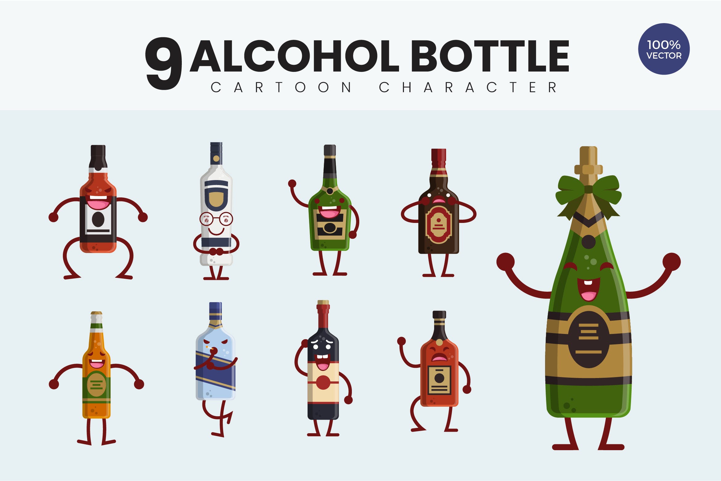 9个酒瓶可爱卡通形象矢量图 9 Cute Alcohol Bottle Vector Illustration插图