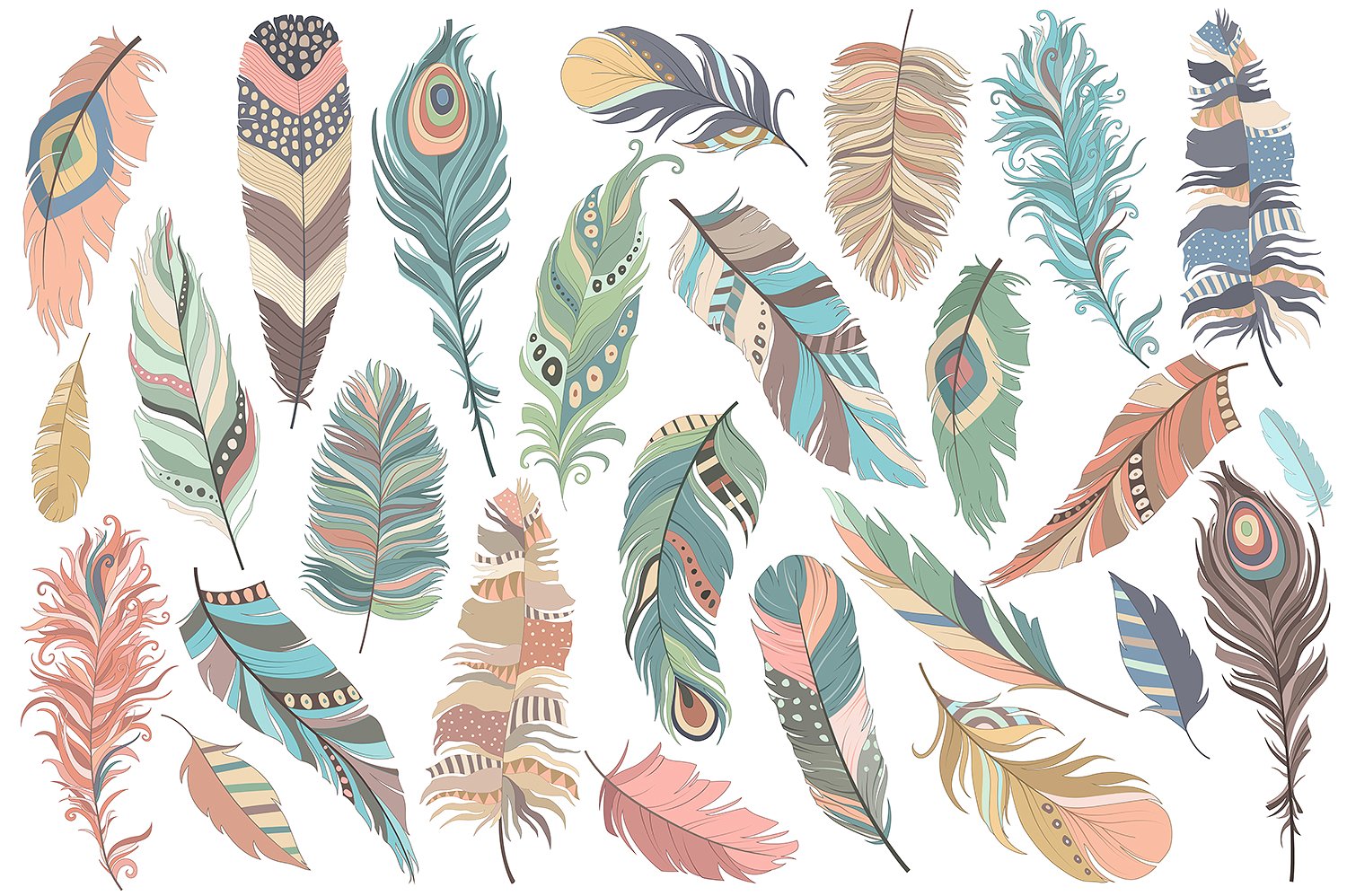 独特手绘部落文化羽毛矢量插画 Tribal Feathers Vector PNG & JPG Set插图