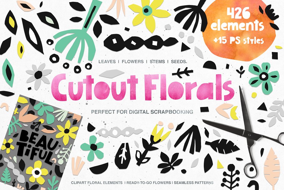 400+剪纸花卉元素 426 Cutout Floral Elements: PNG, EPS插图