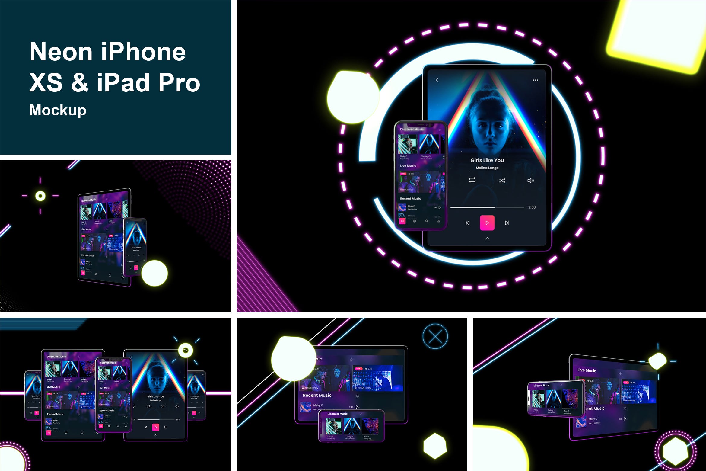 霓虹灯背景iPhone XS & iPad Pro样机模板 Neon iPhone XS & iPad Pro插图