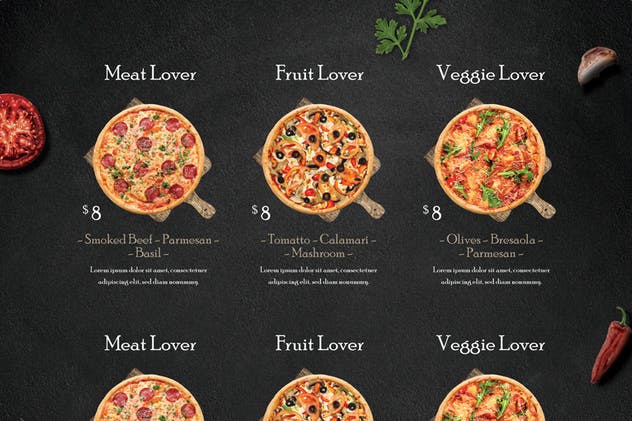 披萨店食品黑色排版菜单设计模板 Rustic Pizza Menu – Flyer插图2