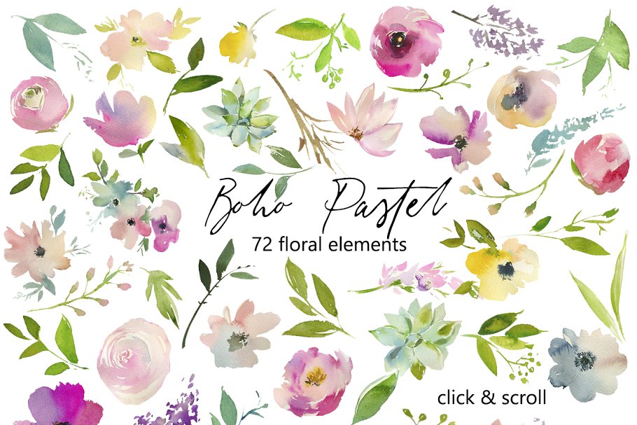 波希米亚式水粉花卉素材集 Boho Pastel Watercolor Flowers Set插图9