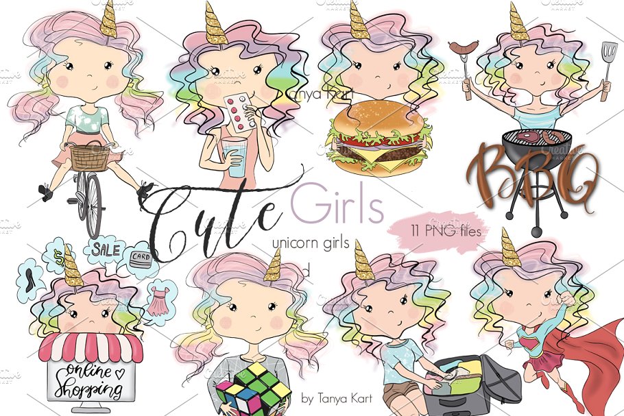 可爱女孩和独角兽女孩卡通形象插画 Cute Girls & Unicorn Girl Collection插图8