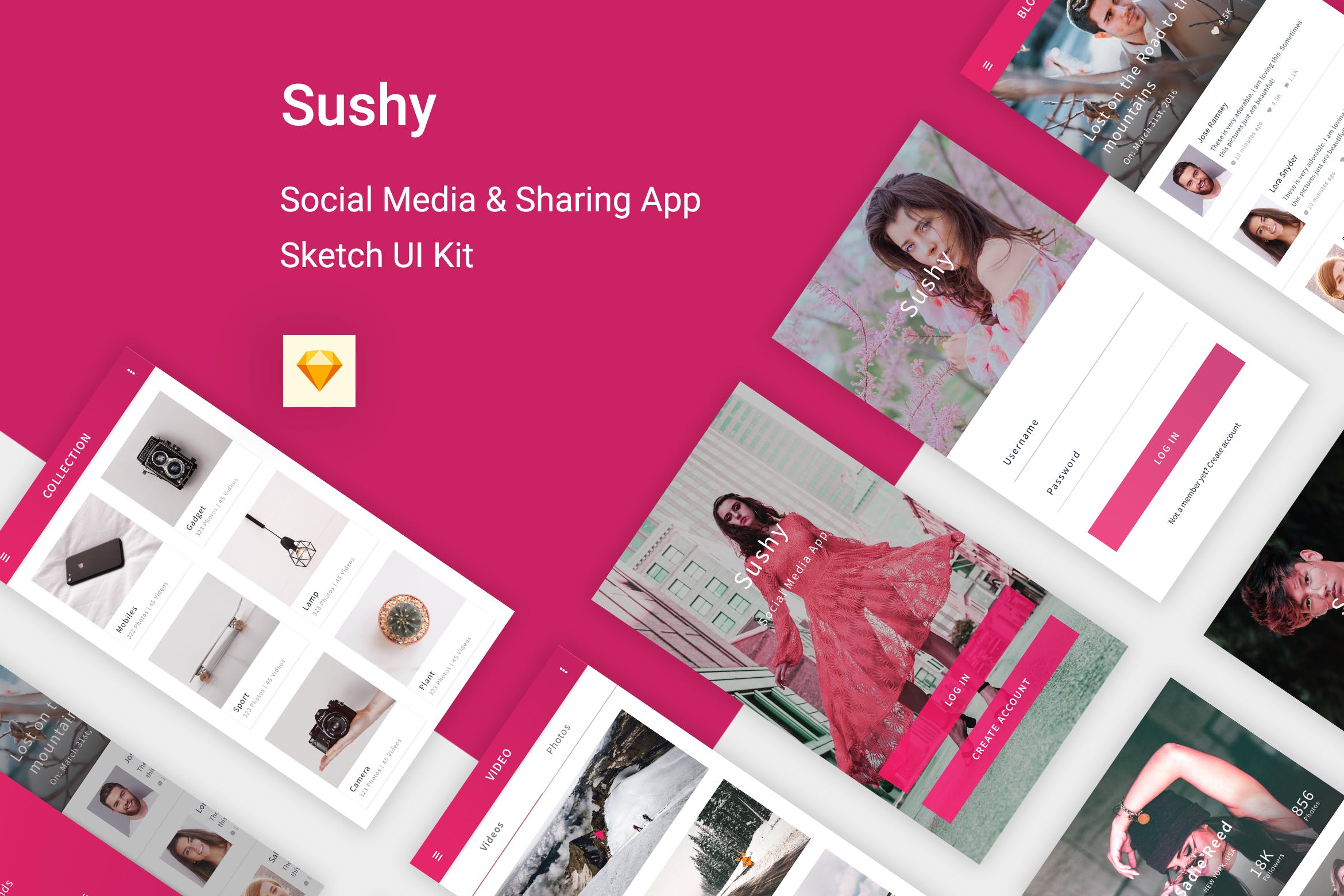 社交媒体&社交分享主题APP应用SKETCH设计套件 Sushy – Social Media Ui Kit for Sketch App插图