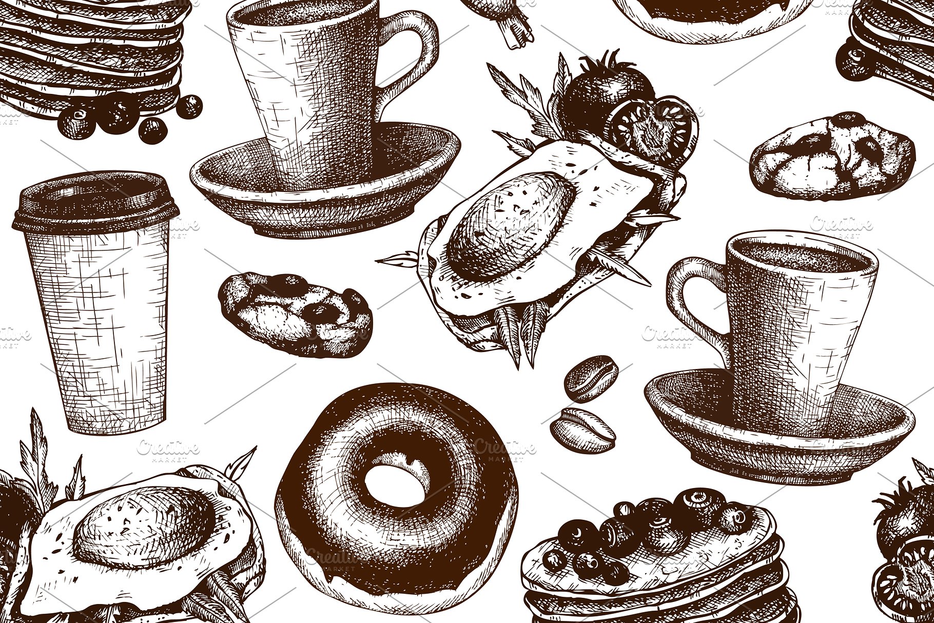 墨水手绘老式早餐模板设计元素 Hand Drawn Breakfast Design插图4