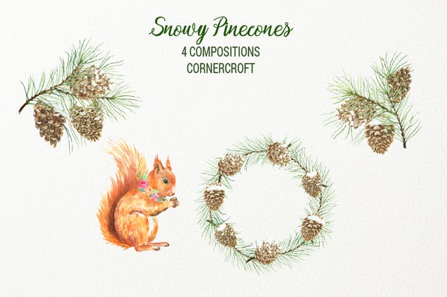 雪花松果圣诞节主题水彩系列插画套装 Watercolor Snowy Pinecones插图3