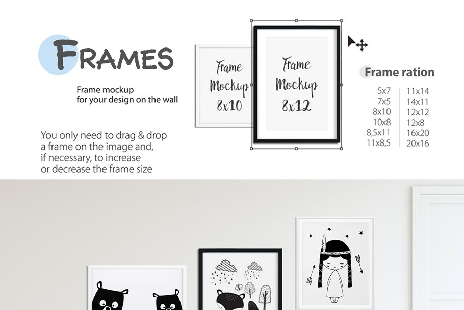 儿童卧室书房墙纸&相框样机 KIDS Interior WALL & FRAMES Mockup 3插图(4)
