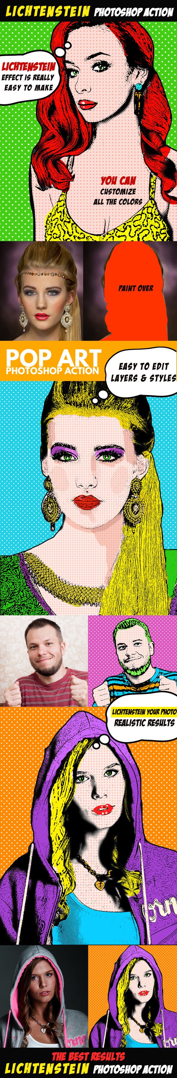 波普艺术卡通照片PS动作下载 Pop Art Photoshop Action (Lichtenstein Effect)插图