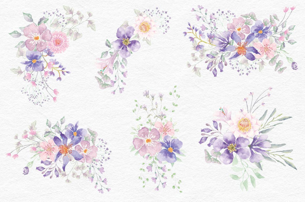 紫色梦幻水彩花卉图案设计素材包 Purple Dreams Watercolor Design Set插图(4)