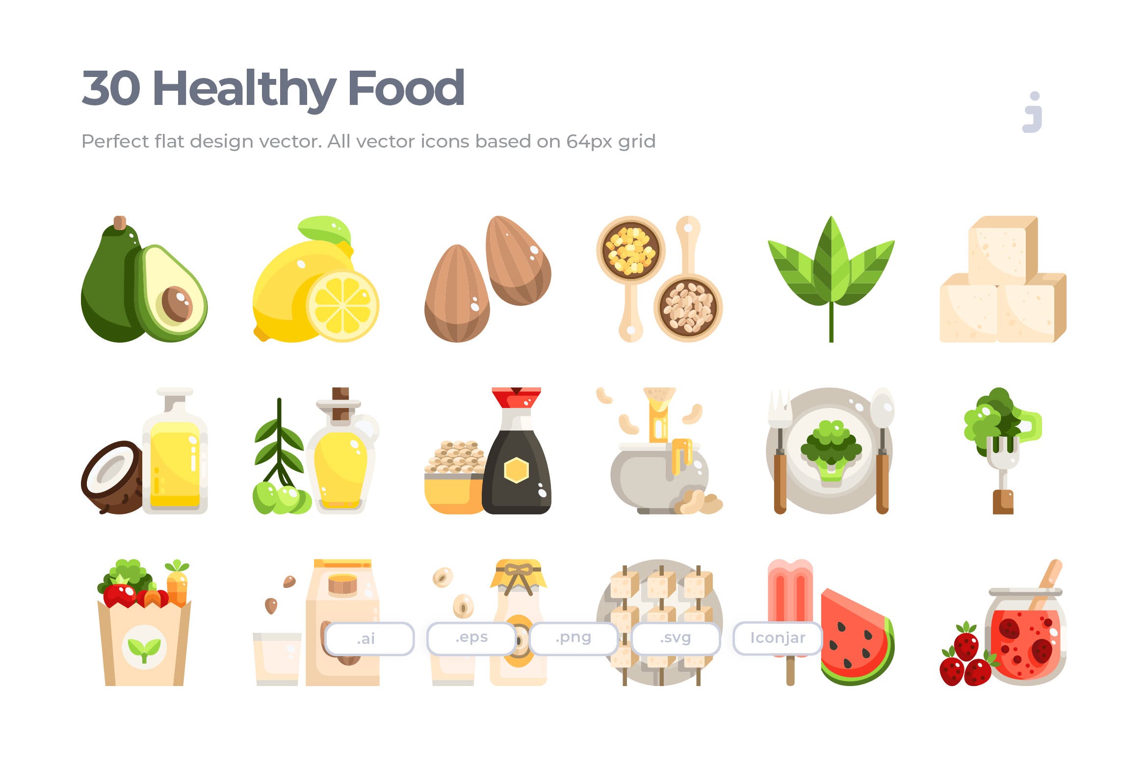 30枚健康食品&蔬菜扁平设计风格矢量图标 30 Healthy food and Vegan Icons – Flat插图