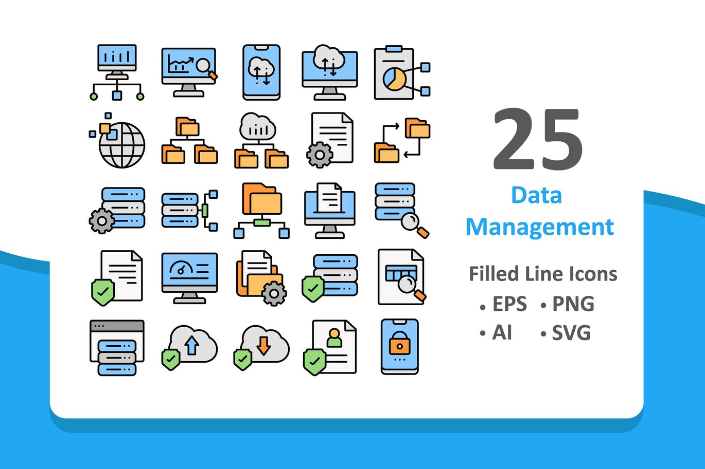 25枚大数据管理线性图标素材 25 Data Management Icons – Filled Line插图