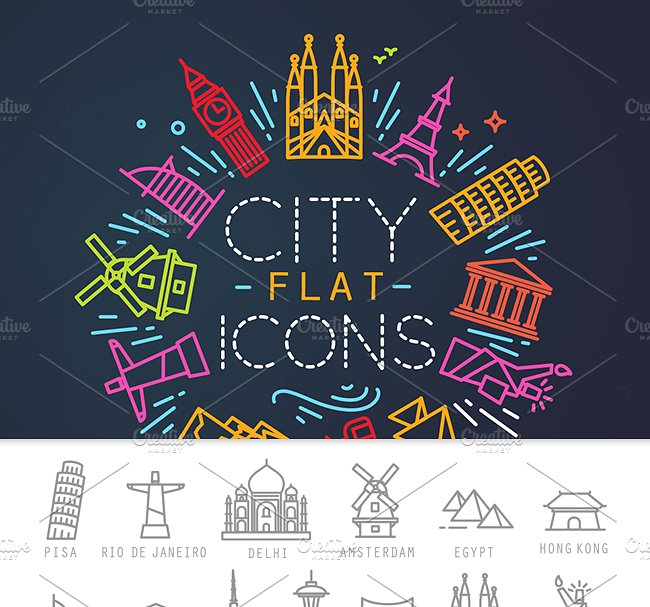 城市元素扁平风格图标 City flat icons插图
