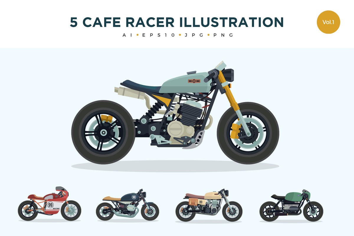 复古老式摩托车矢量插画套装Vol.1 5 Vintage Cafe Racer Vector Illustration Set 1插图