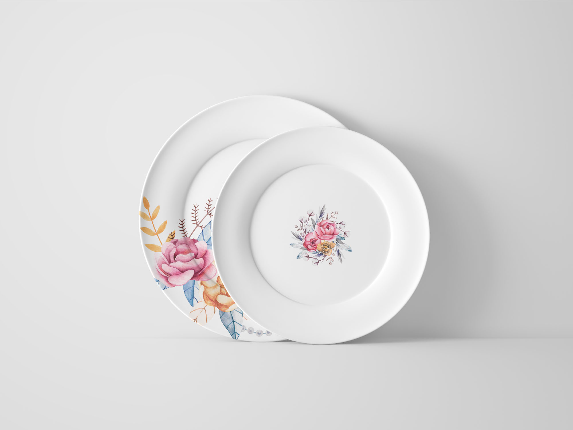 陶瓷碟子印花设计图案预览样机模板 Two Size Plates Mockup Front View插图