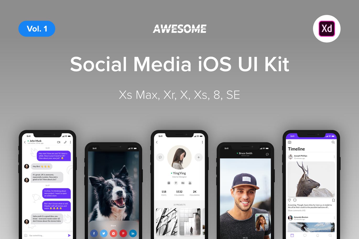 iOS手机应用社交APP应用UI设计套件XD模板 Awesome iOS UI Kit -Social Media Vol. 1 (Adobe XD)插图