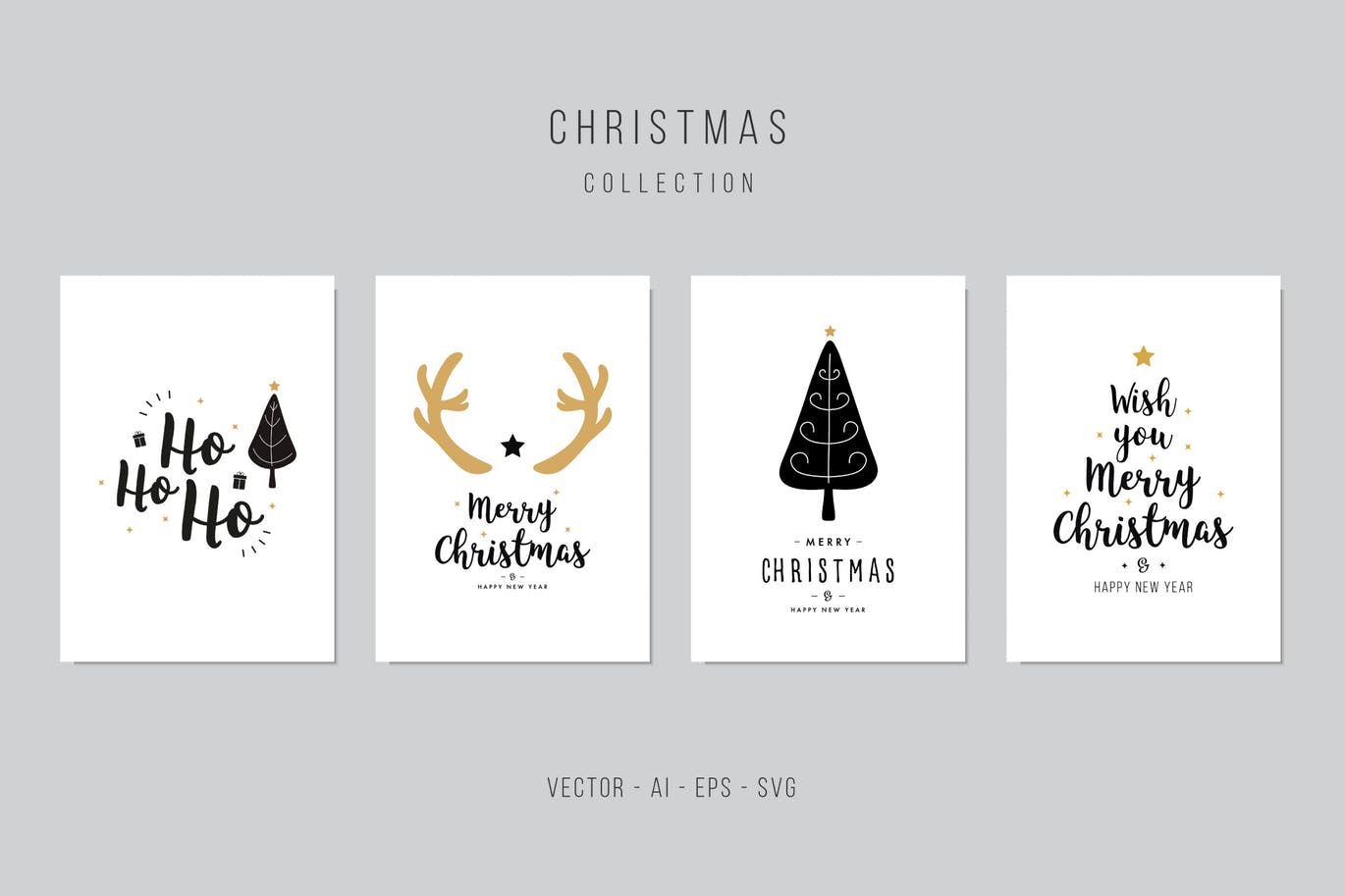 鹿角&圣诞树手绘图案圣诞节贺卡矢量设计模板集v1 Christmas Greeting Vector Card Set插图