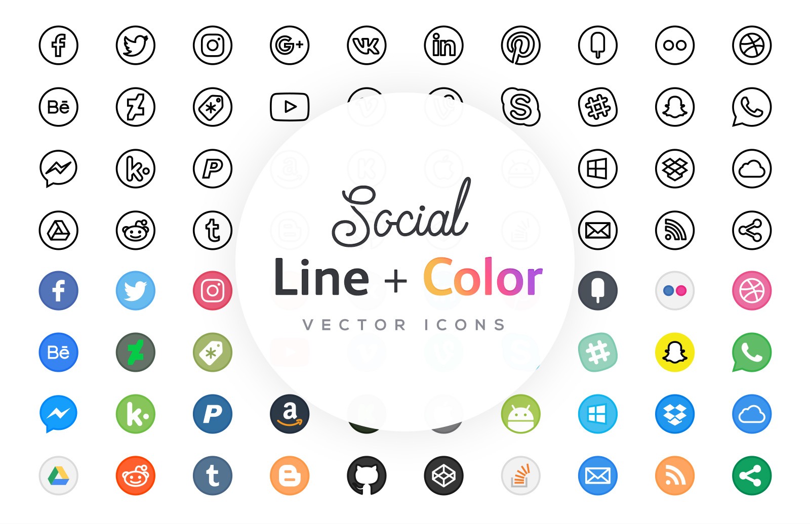 国外主流社交媒体线框图标 Free Line Icons – Social插图