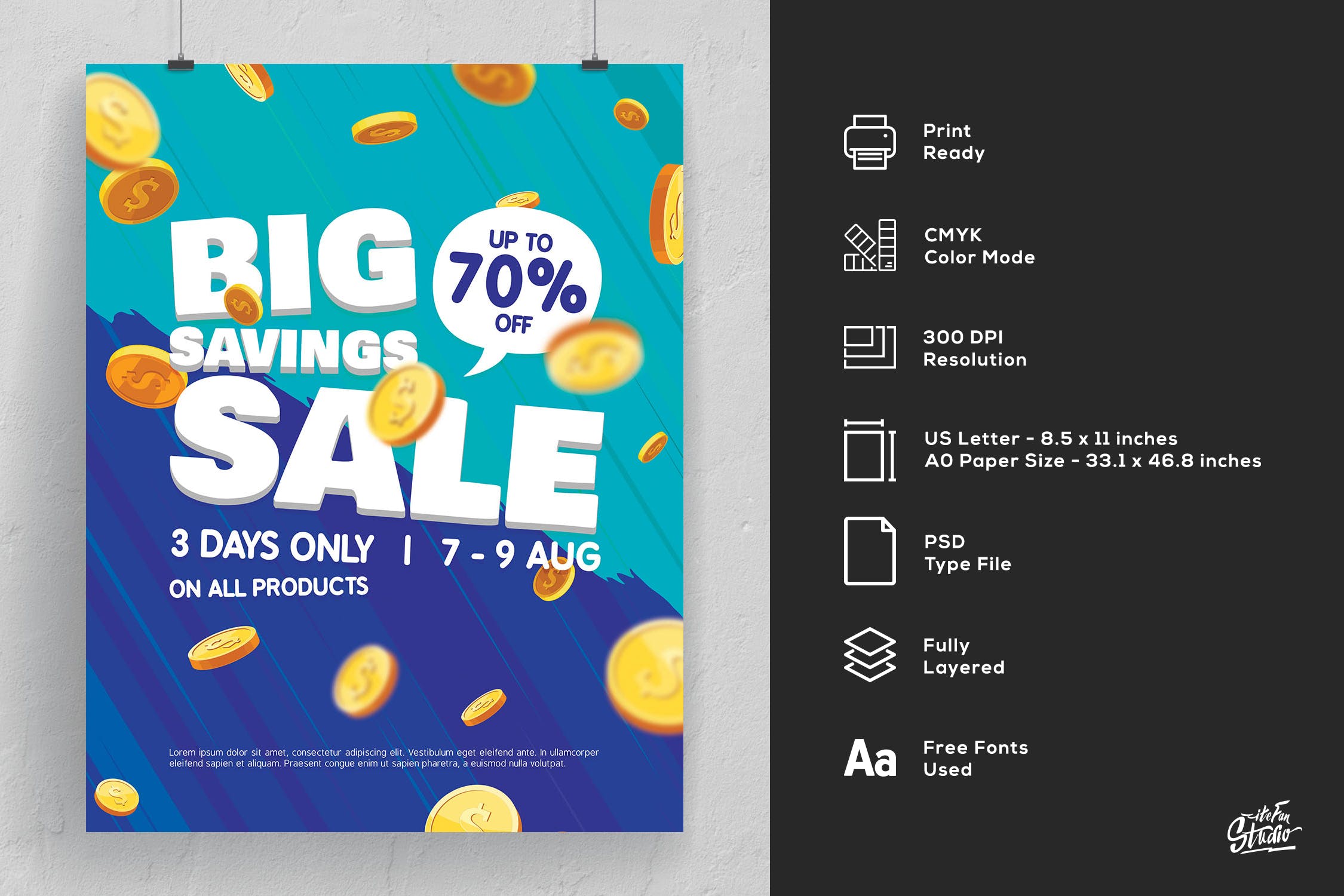 天降金币大型促销活动海报设计模板 Falling Coins Big Savings Sale Poster And Flyer插图4