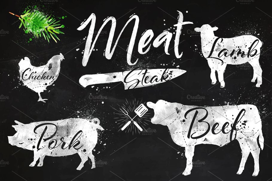 水彩肉类符号 Watercolor Meat Silhoettes插图(1)