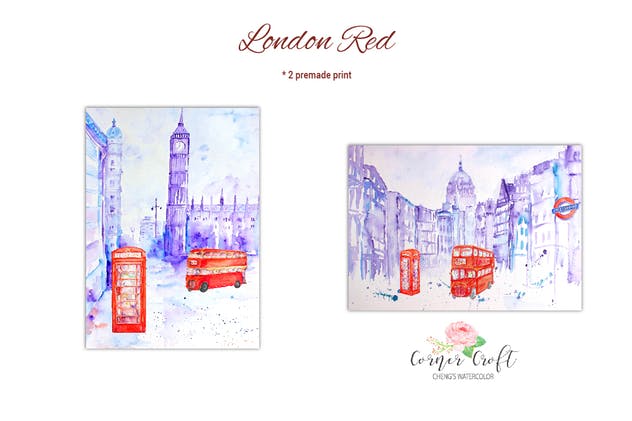 伦敦著名地标红色主题水彩插画 Watercolor London Red插图2