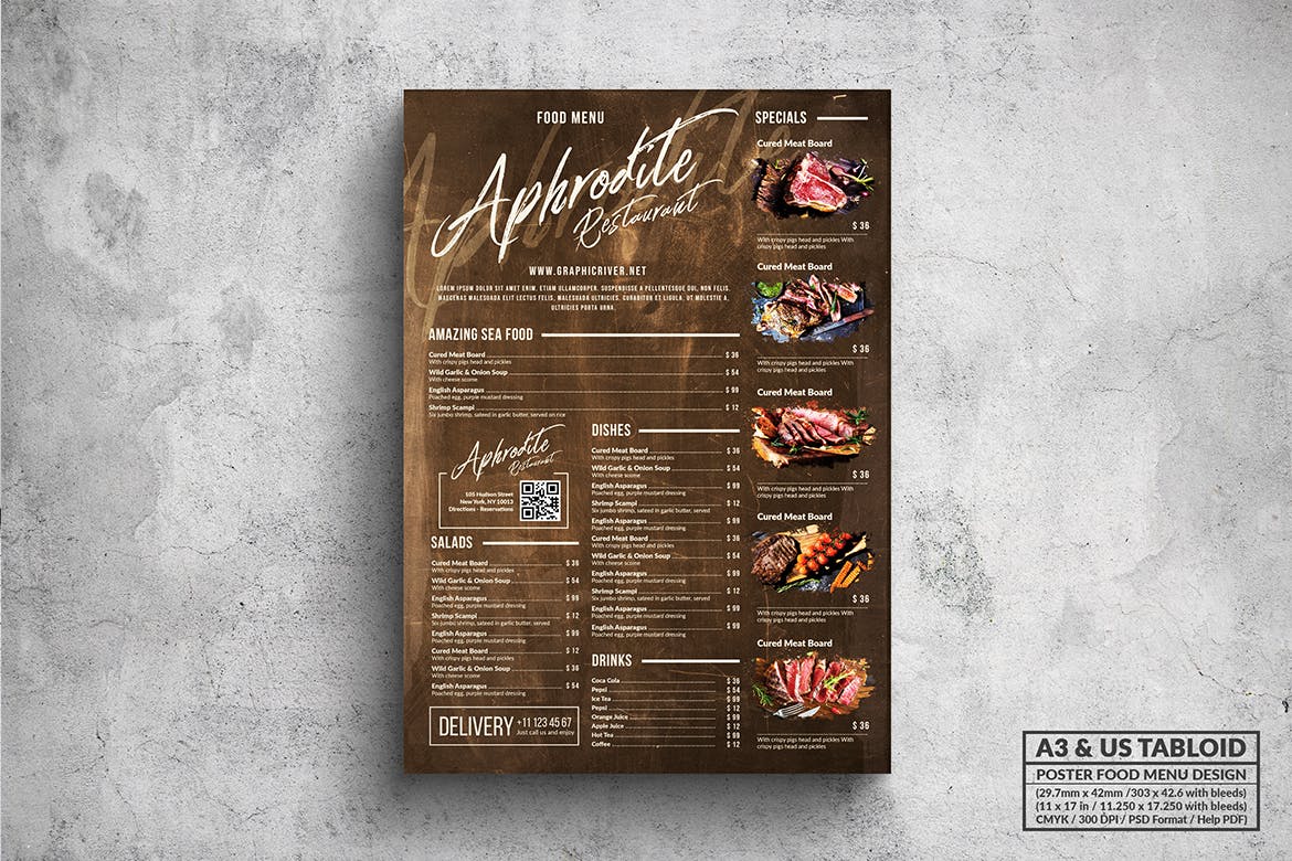 复古设计风格烤肉餐厅菜单海报模板 Vintage Old Food Menu – A3 & US Tabloid Poster插图(1)