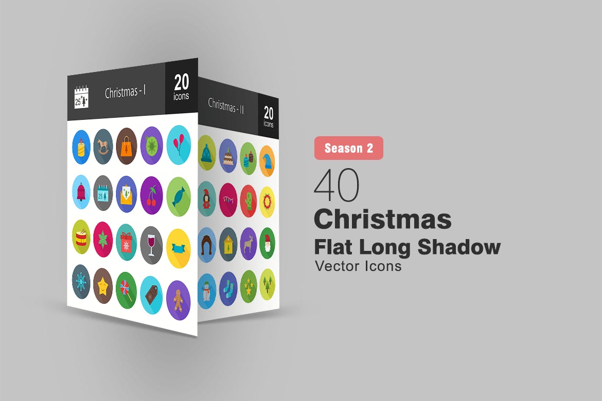40枚圣诞节主题扁平风长阴影图标 40 Christmas Flat Long Shadow Icons插图