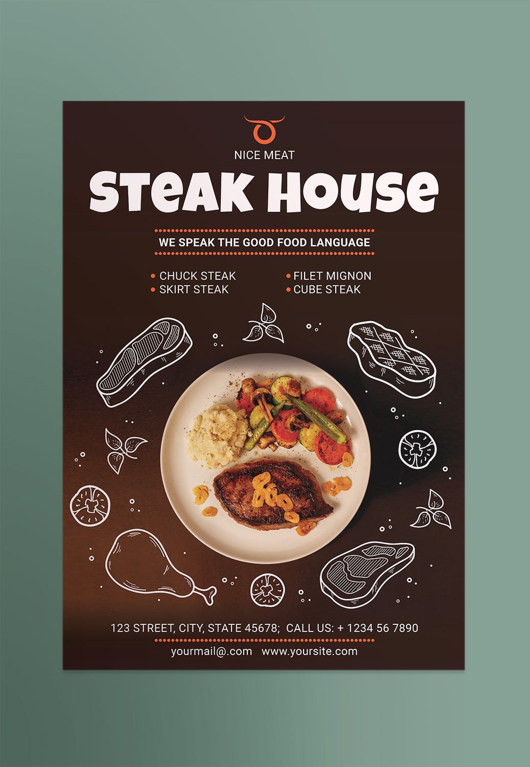 牛排西餐厅宣传海报设计模板 Steak House Poster插图(1)