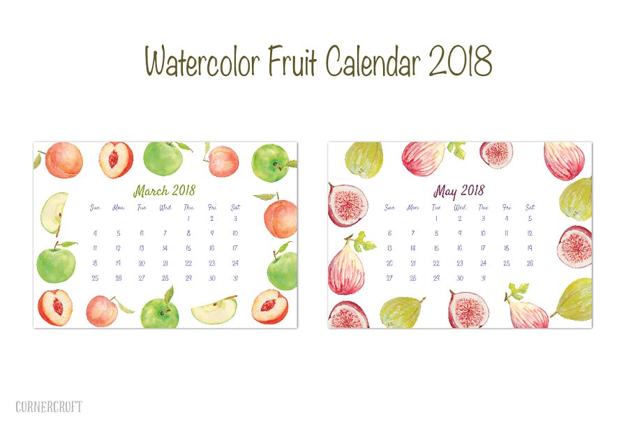水彩水果年历/日历模板 2018 Calendar Watercolor Fruit插图(4)