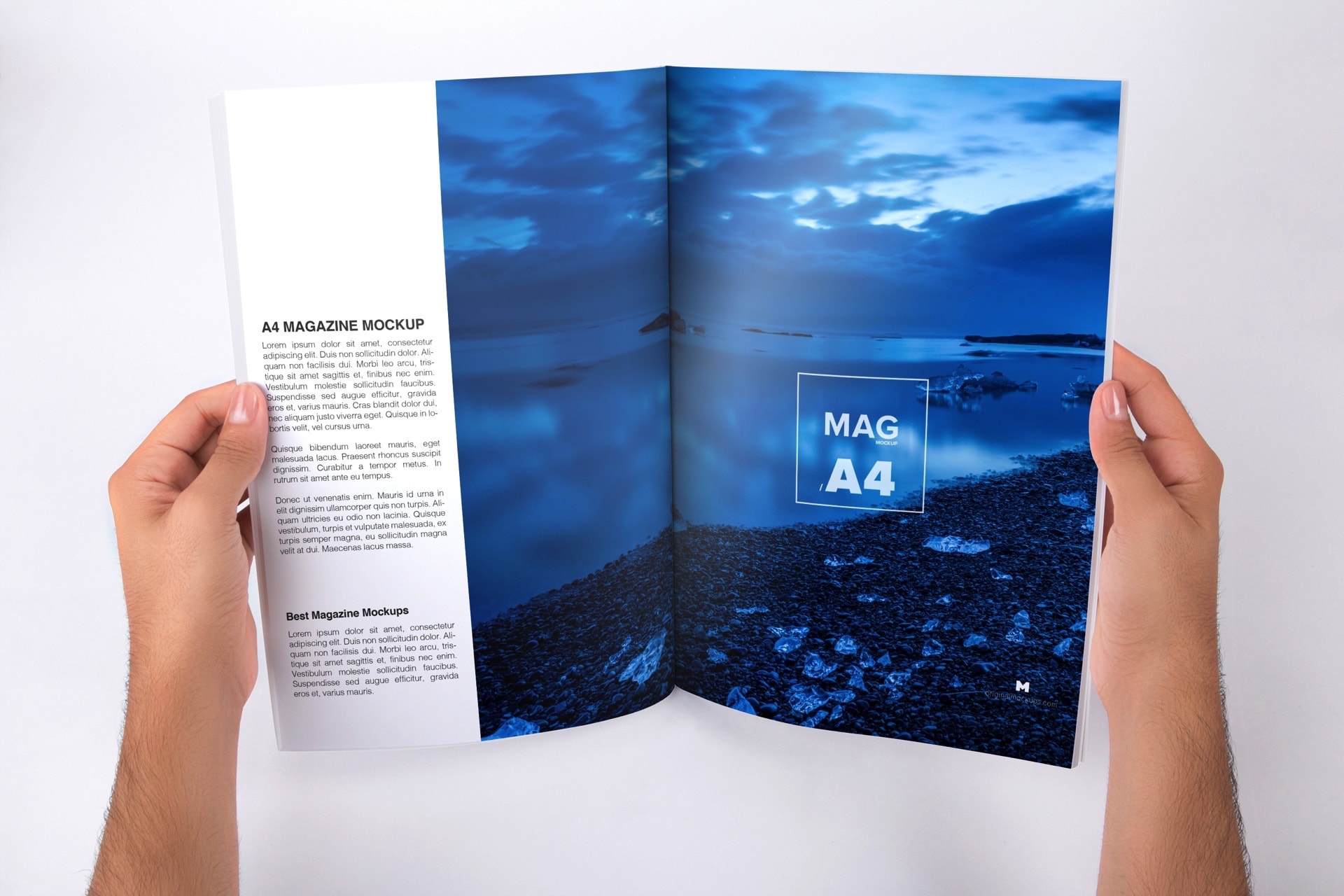 手持A4大小杂志内页版式设计打开效果图样机 Holding A4 Magazine Opened Mockup插图