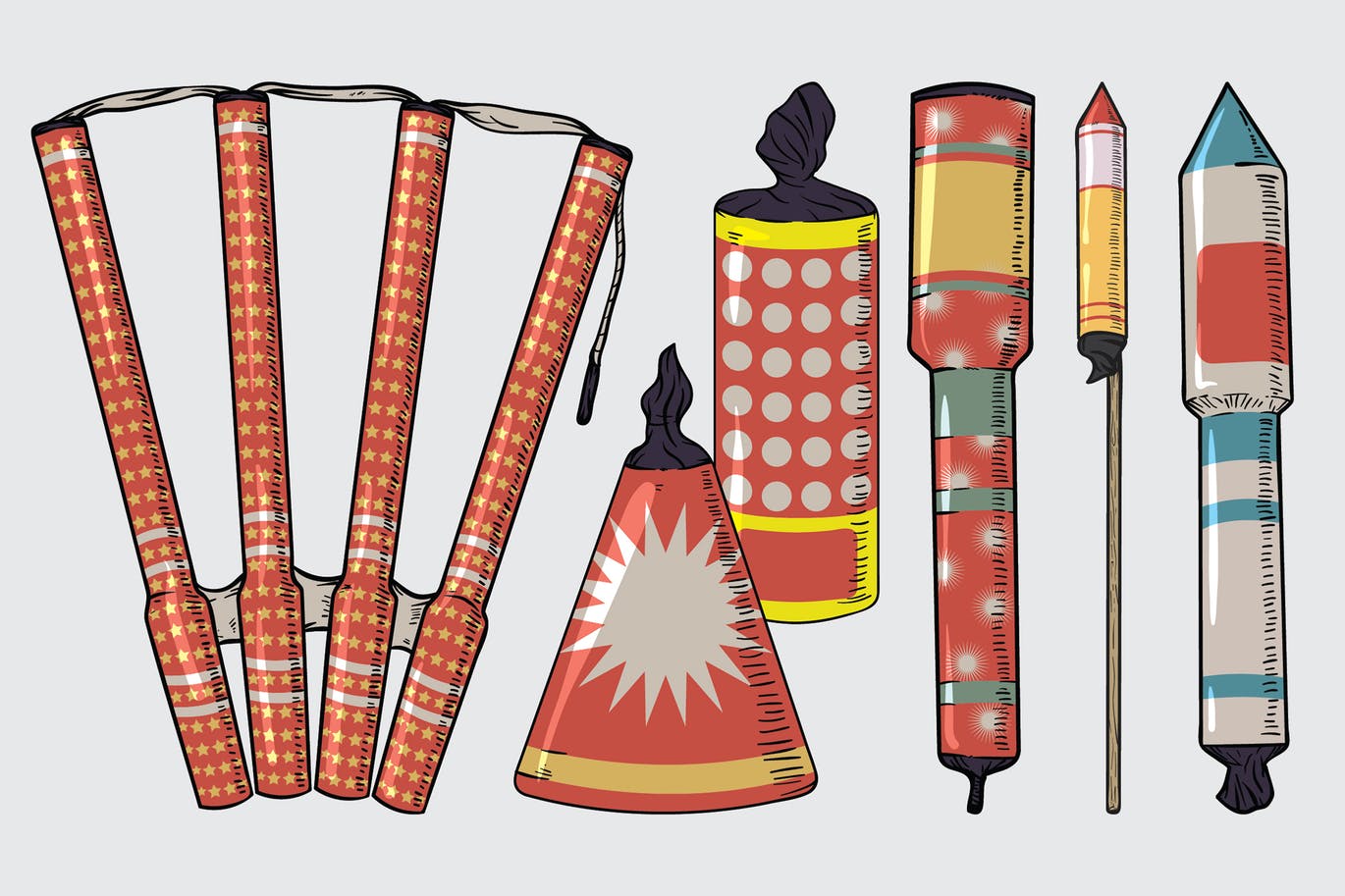 中国新年传统烟花手绘图案矢量素材 Vintage New Year Fireworks Drawing Set插图