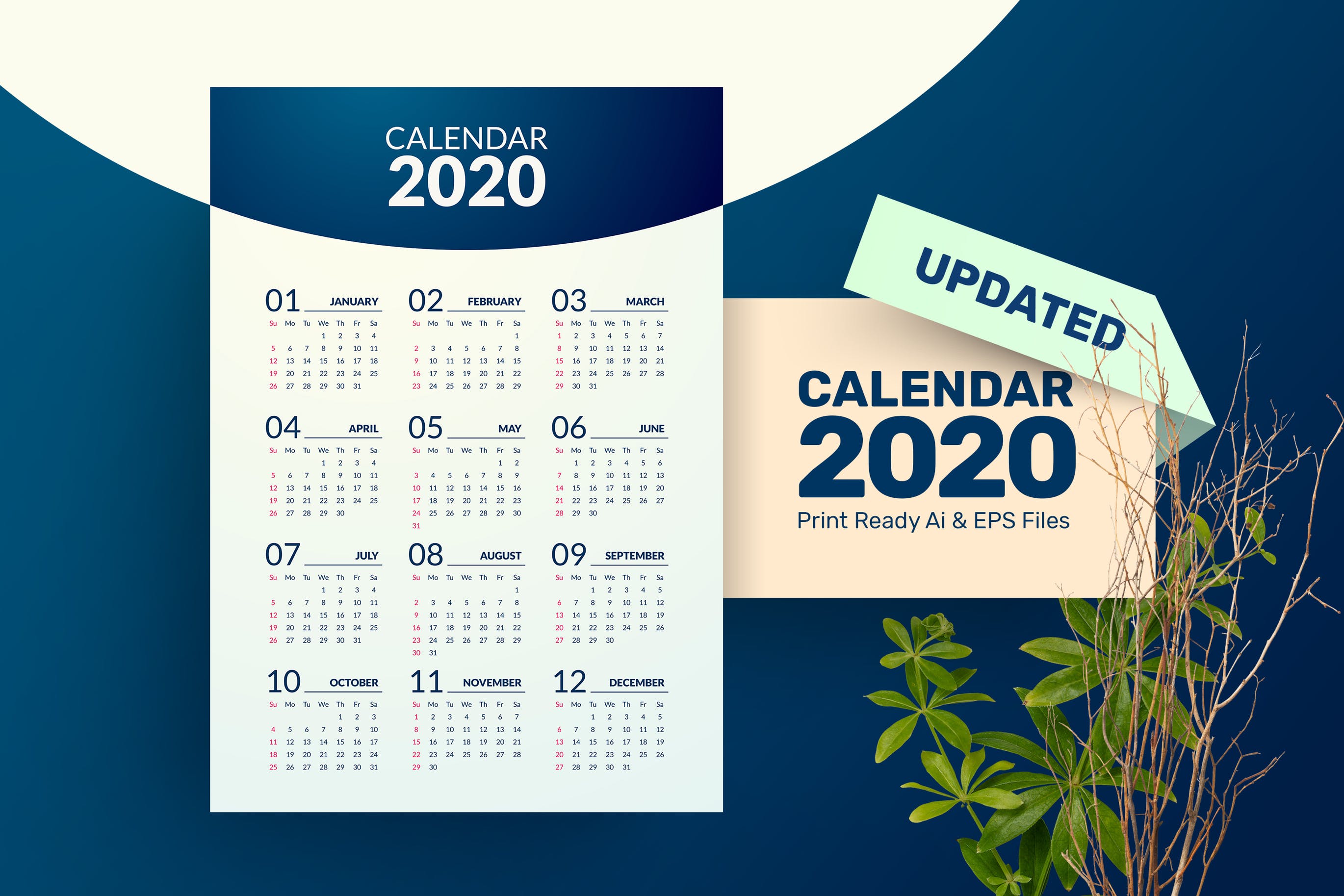 极简风格2020年挂历设计模板 Minimal Calendar 2020插图