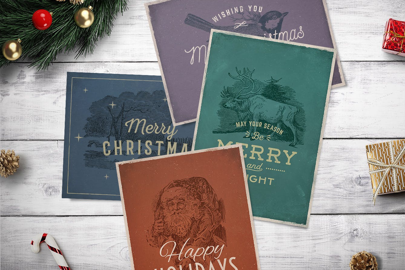4款复古设计风格圣诞贺卡设计模板v2 4 Vintage Christmas Cards vol. 2插图