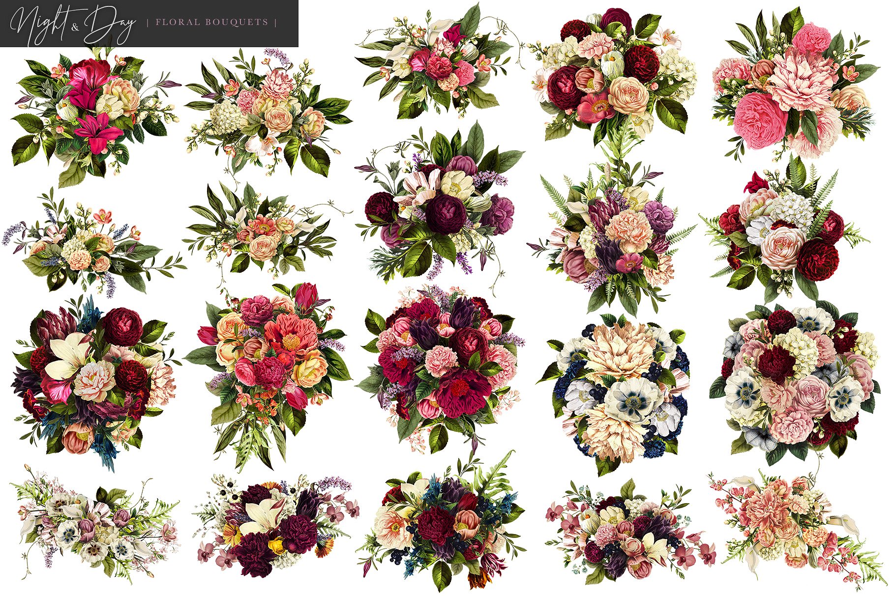 繁花似锦复古花卉插画素材[昼夜和白日两个版本] Night and Day Floral Bouquets插图(6)