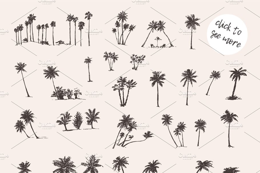 笔画简约的钢笔素描椰子树矢量图形 Silhouettes of palm trees插图(1)