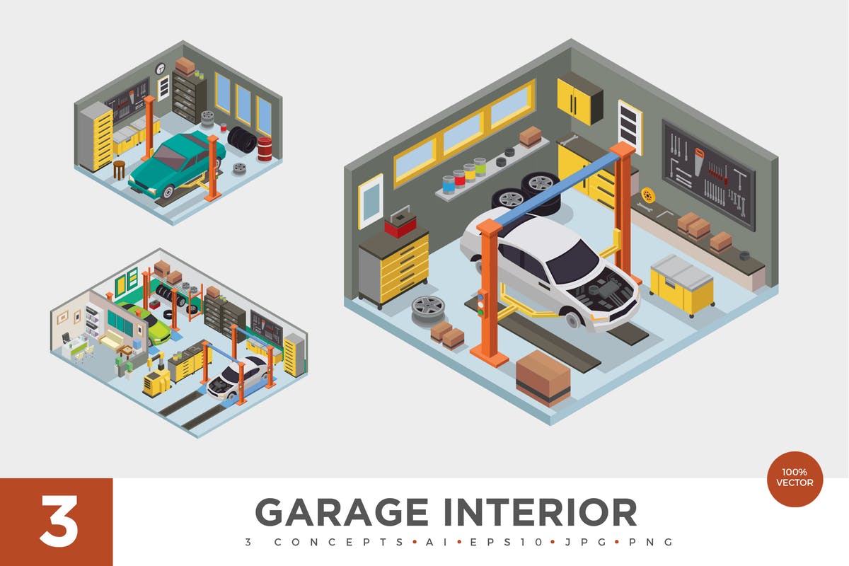 汽车维修车间车库场景2.5D等距概念插画v1 3 Isometric Garage Workshop Interior Vector Set 1插图