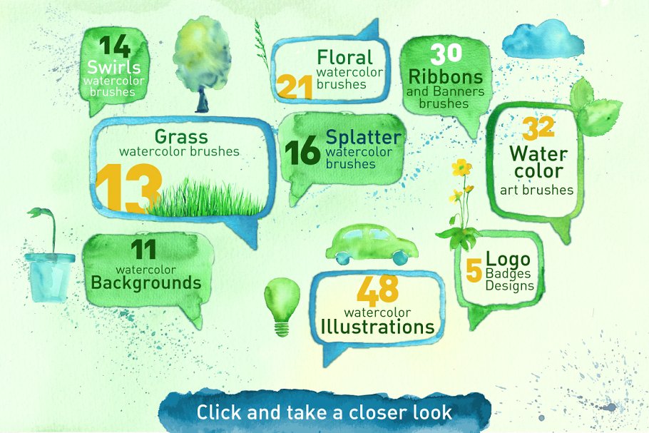 绿色主题水彩设计AI笔刷素材包 Green Design Set插图(1)