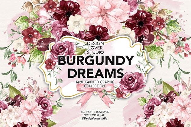 酒红色水彩花卉剪贴画设计套装 Watercolor BURGUNDY DREAMS design插图1