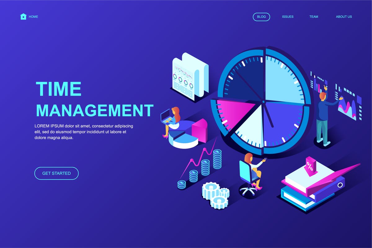 时间管理时间规划等距概念插画网站着陆页模板 Time Management Isometric Landing Page Template插图