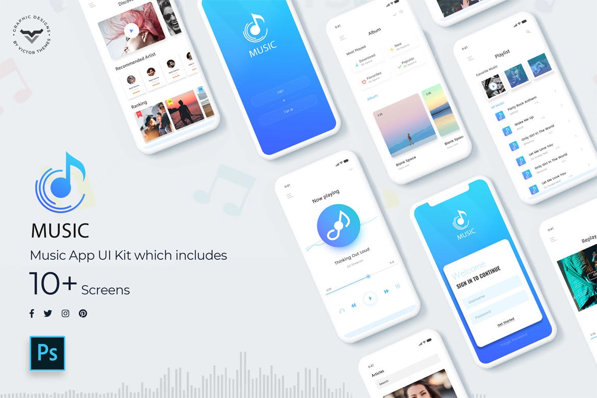 在线听歌音乐APP应用UI界面设计素材 Music Mobile App UI Kit插图(1)