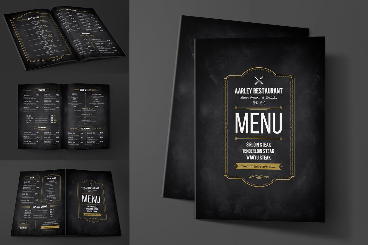 黑色高端西餐菜单食谱设计PSD模板 Blackboard Restaurant Menu插图