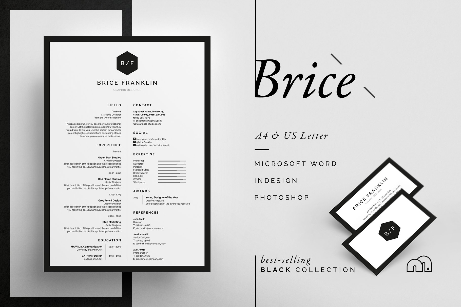 居中垂直排版风格个人简历模板 Brice – Resume/CV插图