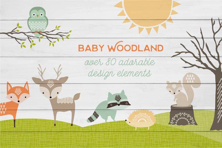 可爱的林地小动物元素 Baby Woodland Design Pack插图1