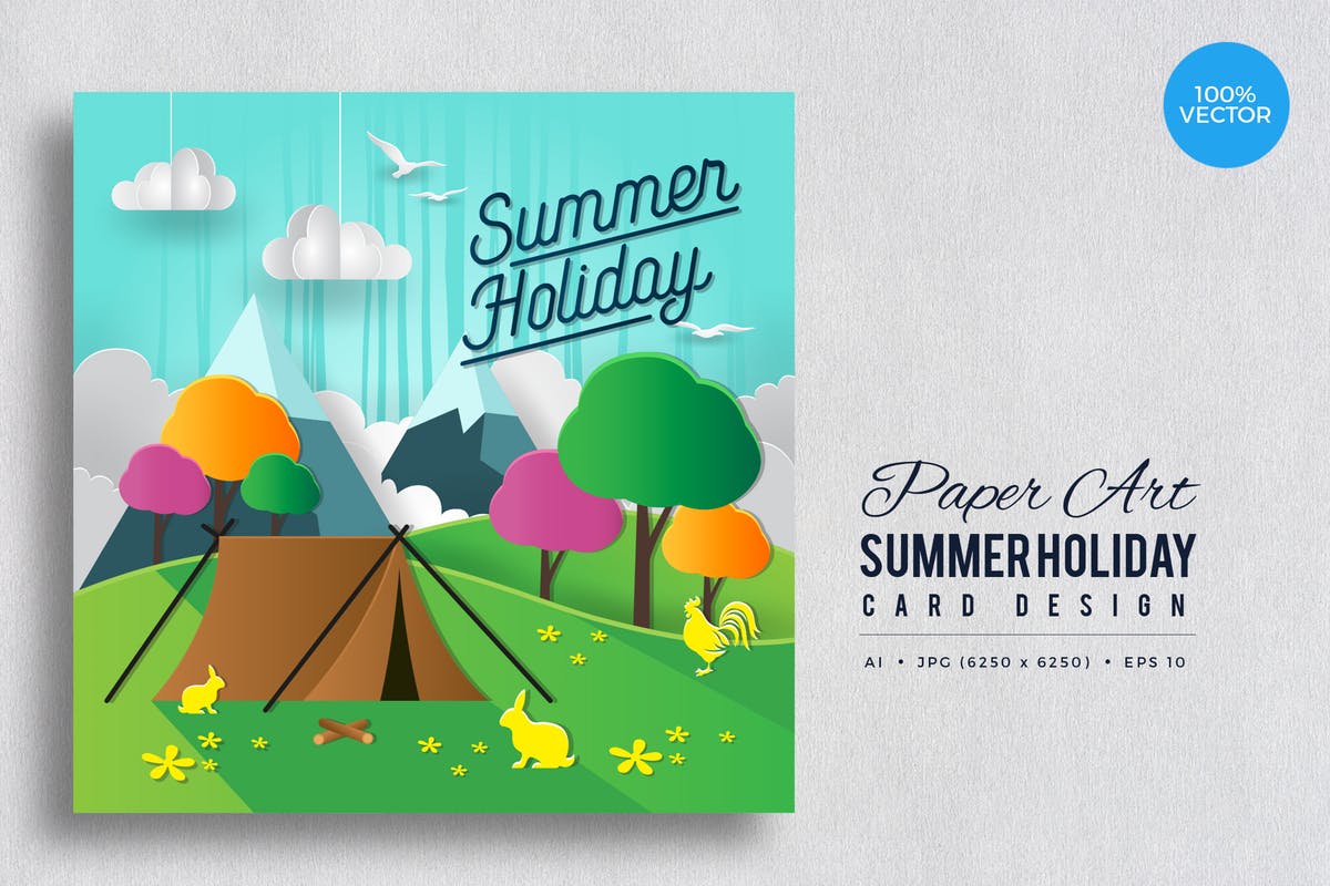 剪纸艺术夏日度假贺卡矢量模板v2 Paper Art Summer Holiday Vector Card Vol.2插图