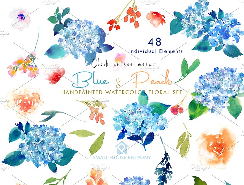蓝色和桃色-水彩花卉元素套装 Blue & Peach- Watercolor Floral Set插图9