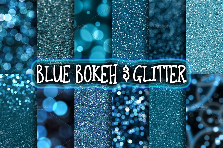 闪光青蓝色调数字背景 Blue Glitter & Bokeh Backgrounds插图