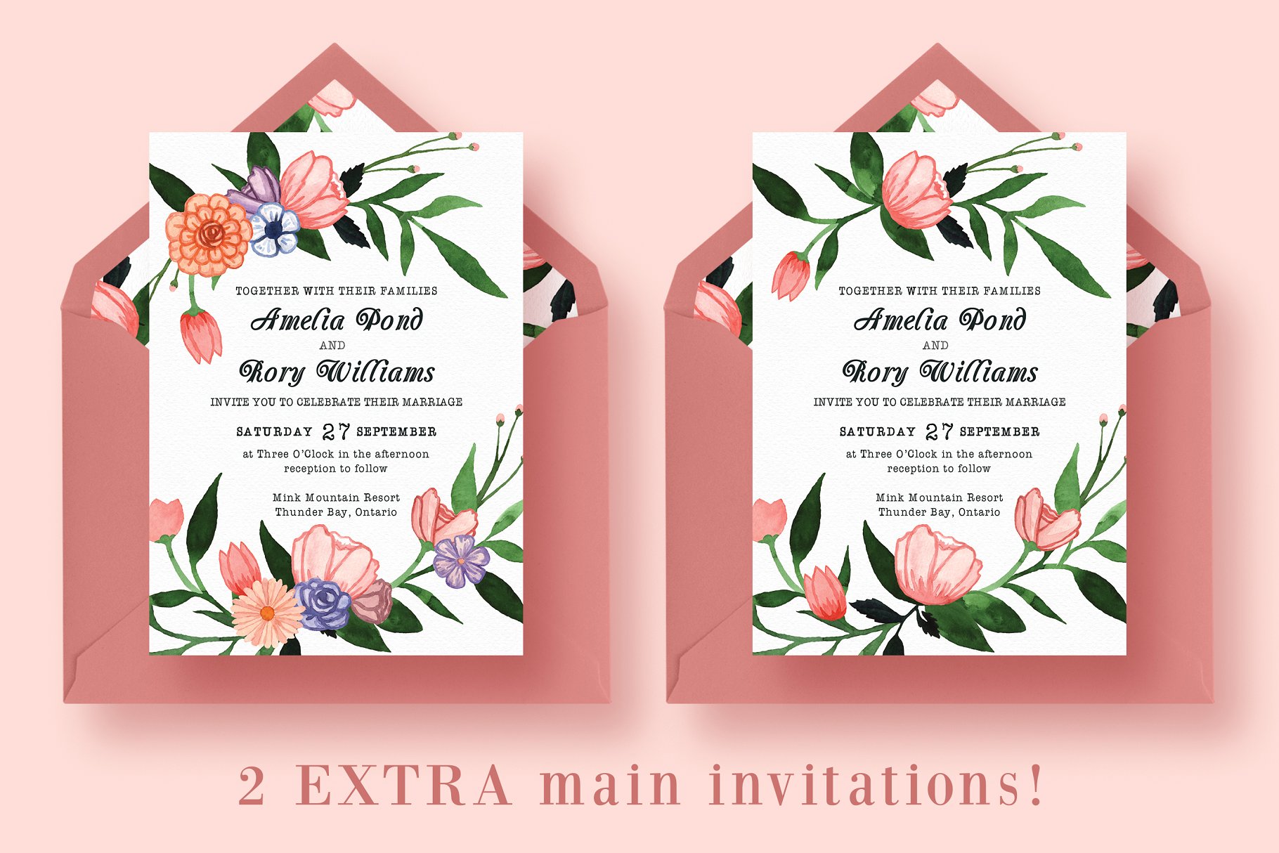 手绘水彩花卉装饰婚礼邀请函设计模板 Floral Watercolor Wedding Suite插图(2)