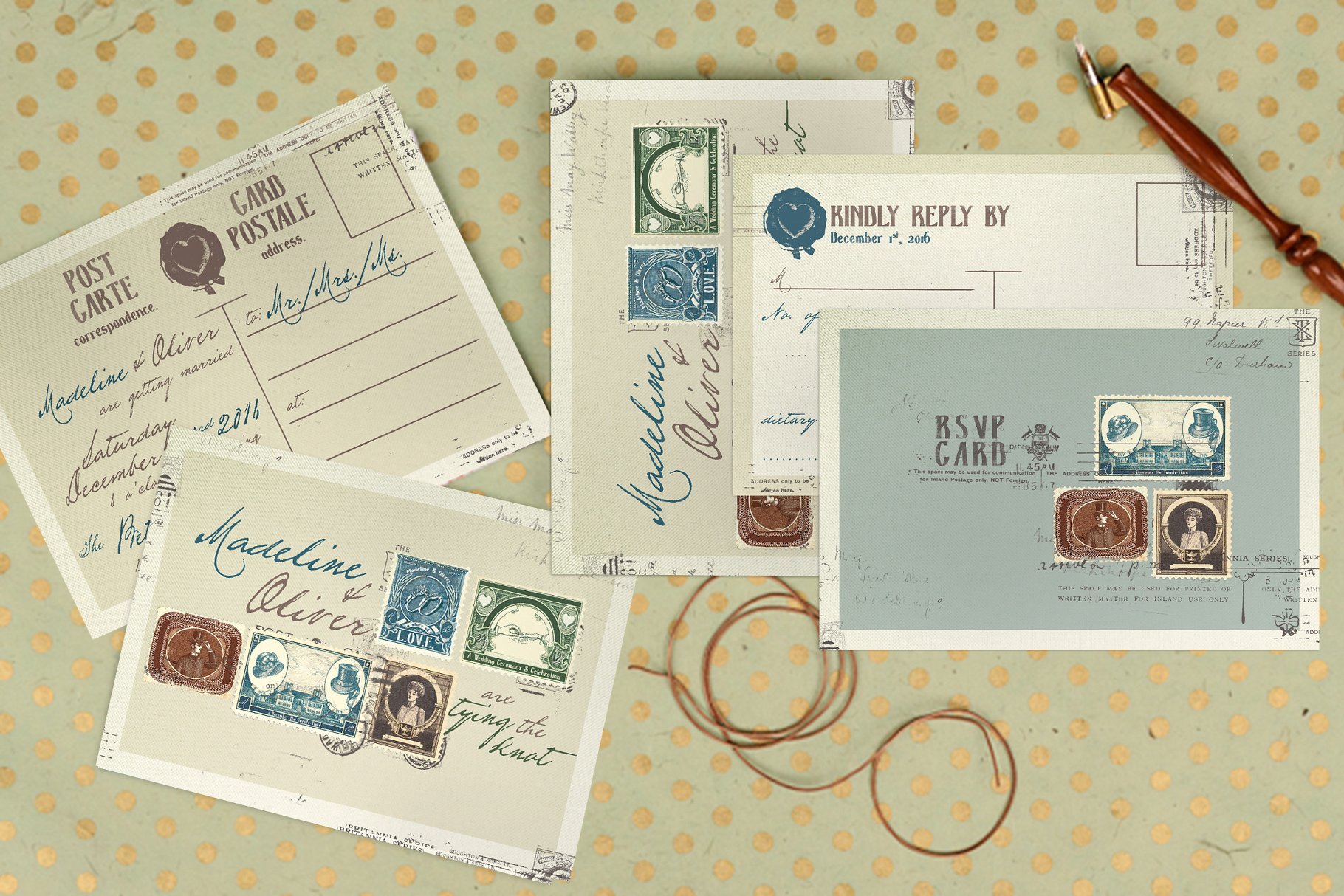 复古邮票主题风婚礼邀请函设计模板 Vintage Stamp Wedding Suite插图