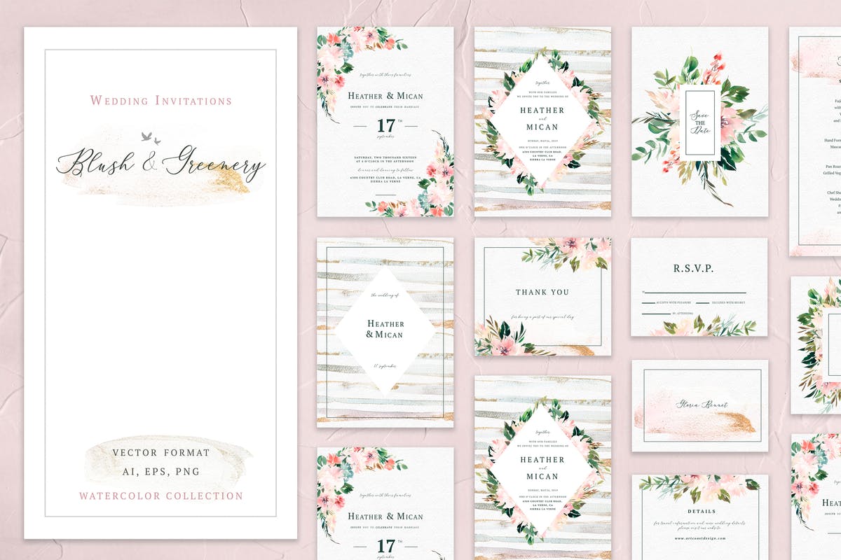 腮红&绿叶水彩系列婚礼设计素材套装 Blush & Greenery Wedding Collections插图