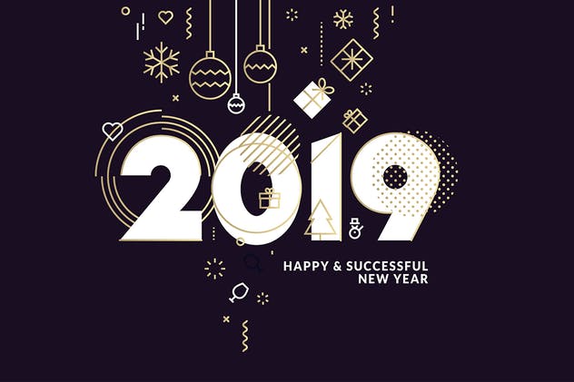 2019年数字新年贺卡设计模板[深色背景版本] Business Happy New Year 2019 Greeting Card插图1