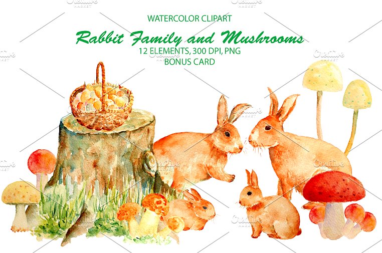 手绘复活节兔子家庭水彩剪贴画 Watercolor Rabbit Famly & Mushrooms插图